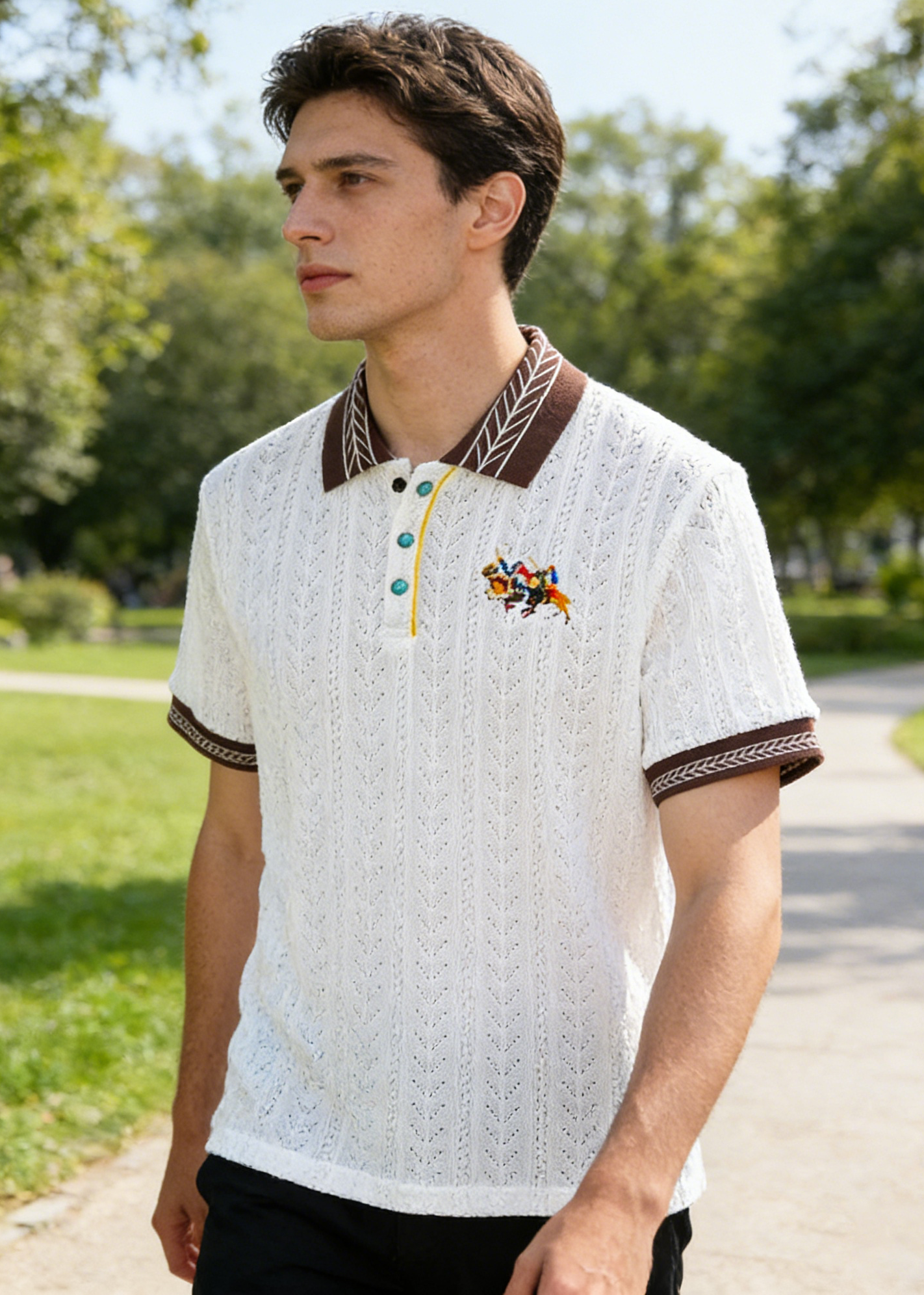 Men's Retro Textured Knit Polo Shirt - Vintage Embroidery Color-Block Short Sleeve Knitwear