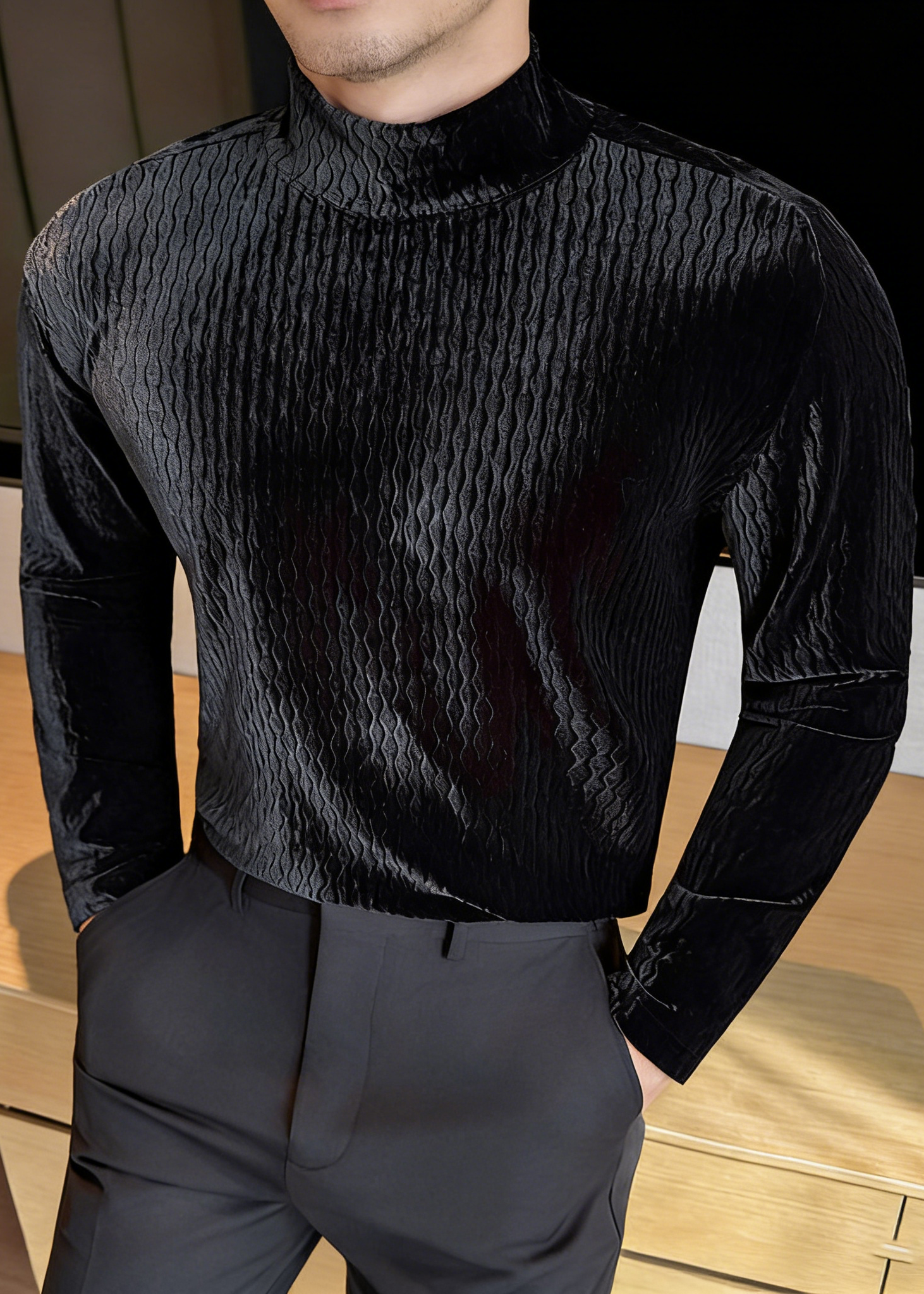 Men’s Diamond Jacquard Velvet Mock Neck Long Sleeve Base Layer – Slim Fit Thermal Top