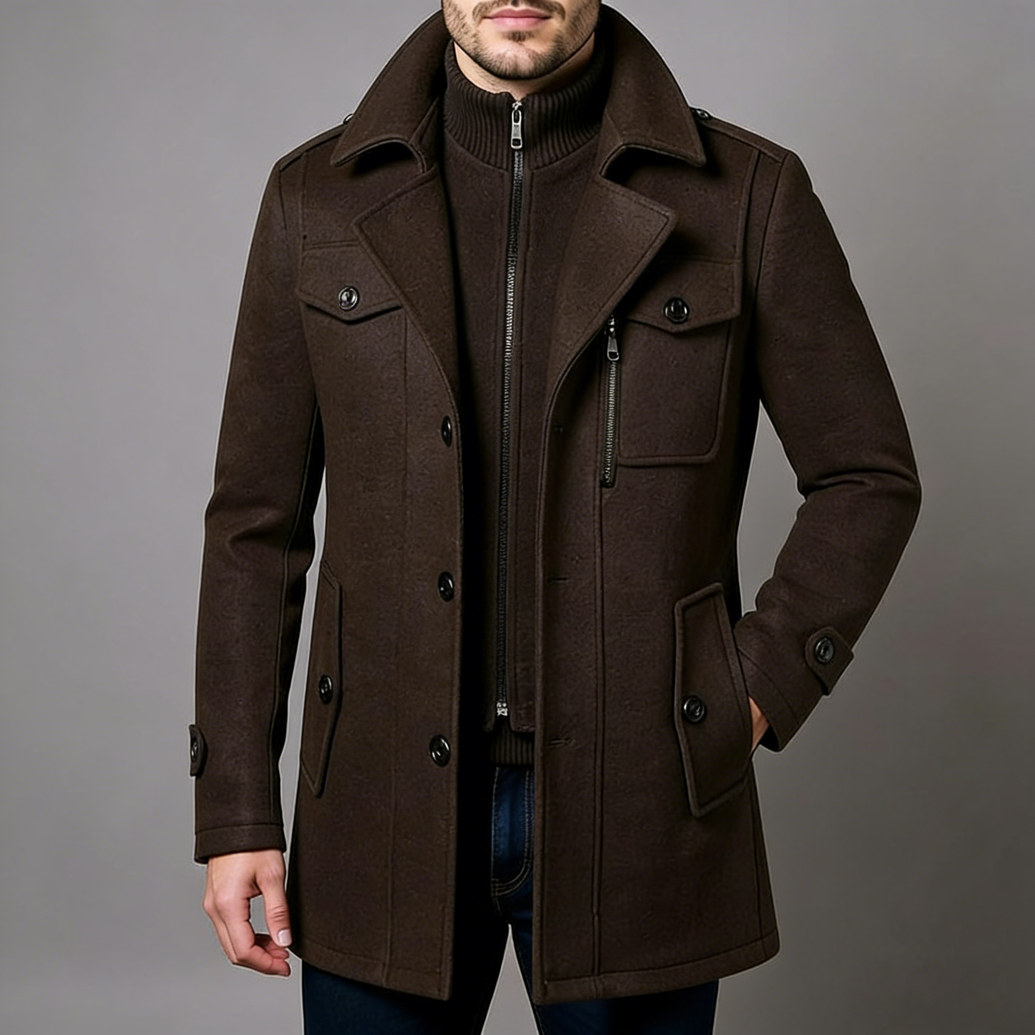 Men’s Winter Wool Blend Double‑Collar Overcoat – Business & Everyday Cold‑Weather Coat