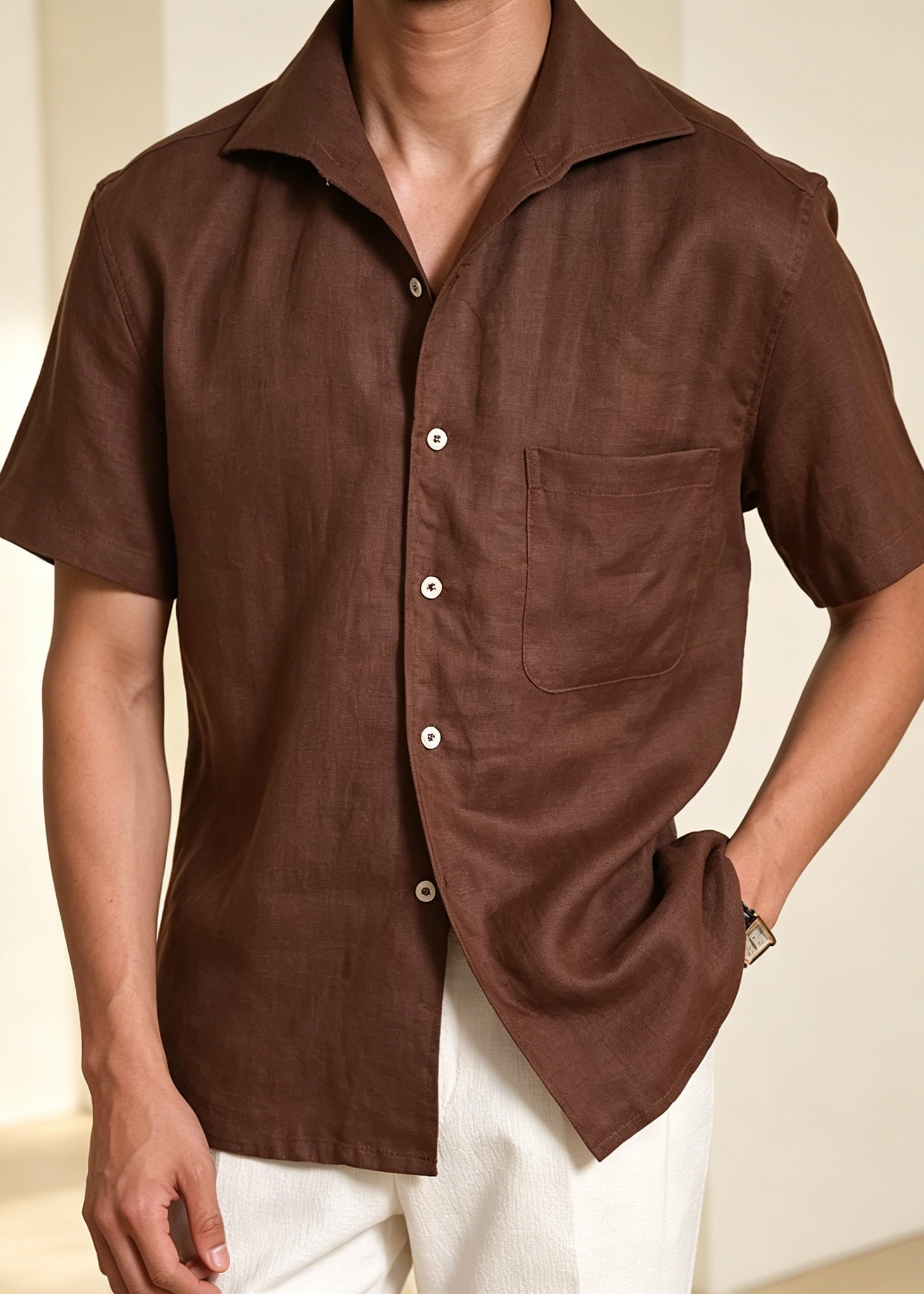 Men's Italian Vintage Linen Cotton Shirt | Lightweight Breathable One-Piece Camp Collar Resort Wear
