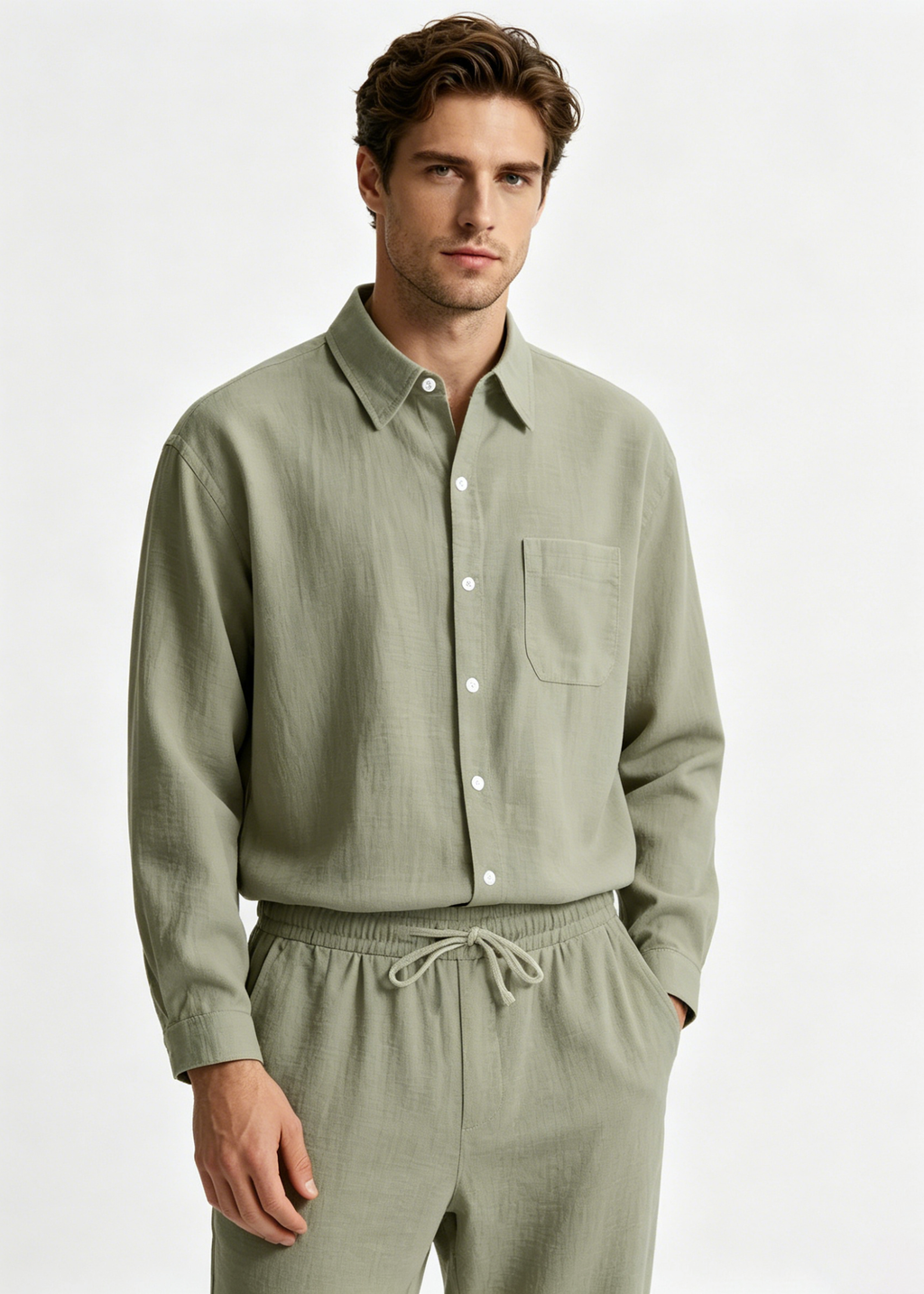 Men's 2-Piece Linen Outfits Casual Long Sleeve Button Down Shirt and Pants Set Beach Vacation Suits