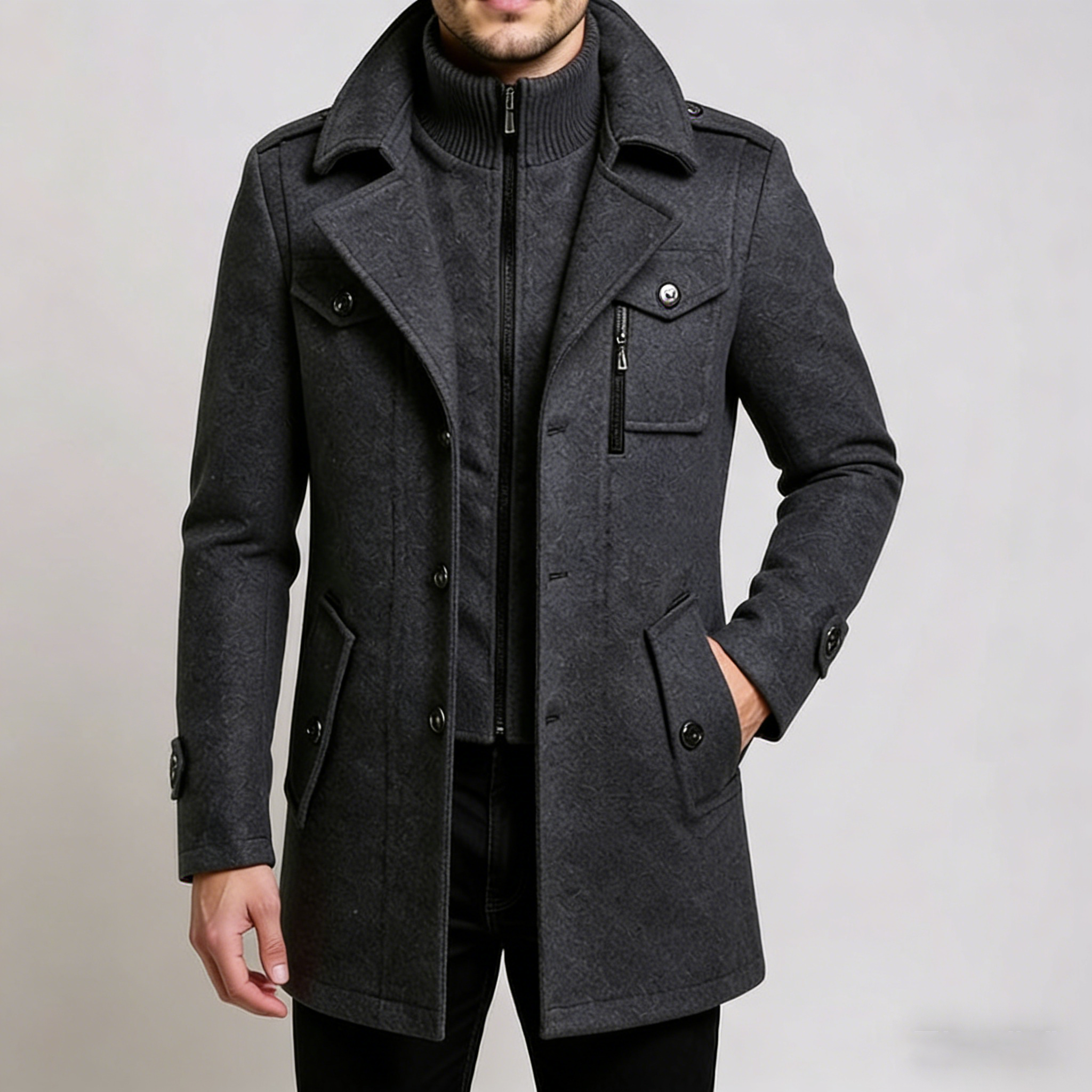 Men’s Winter Wool Blend Double‑Collar Overcoat – Business & Everyday Cold‑Weather Coat