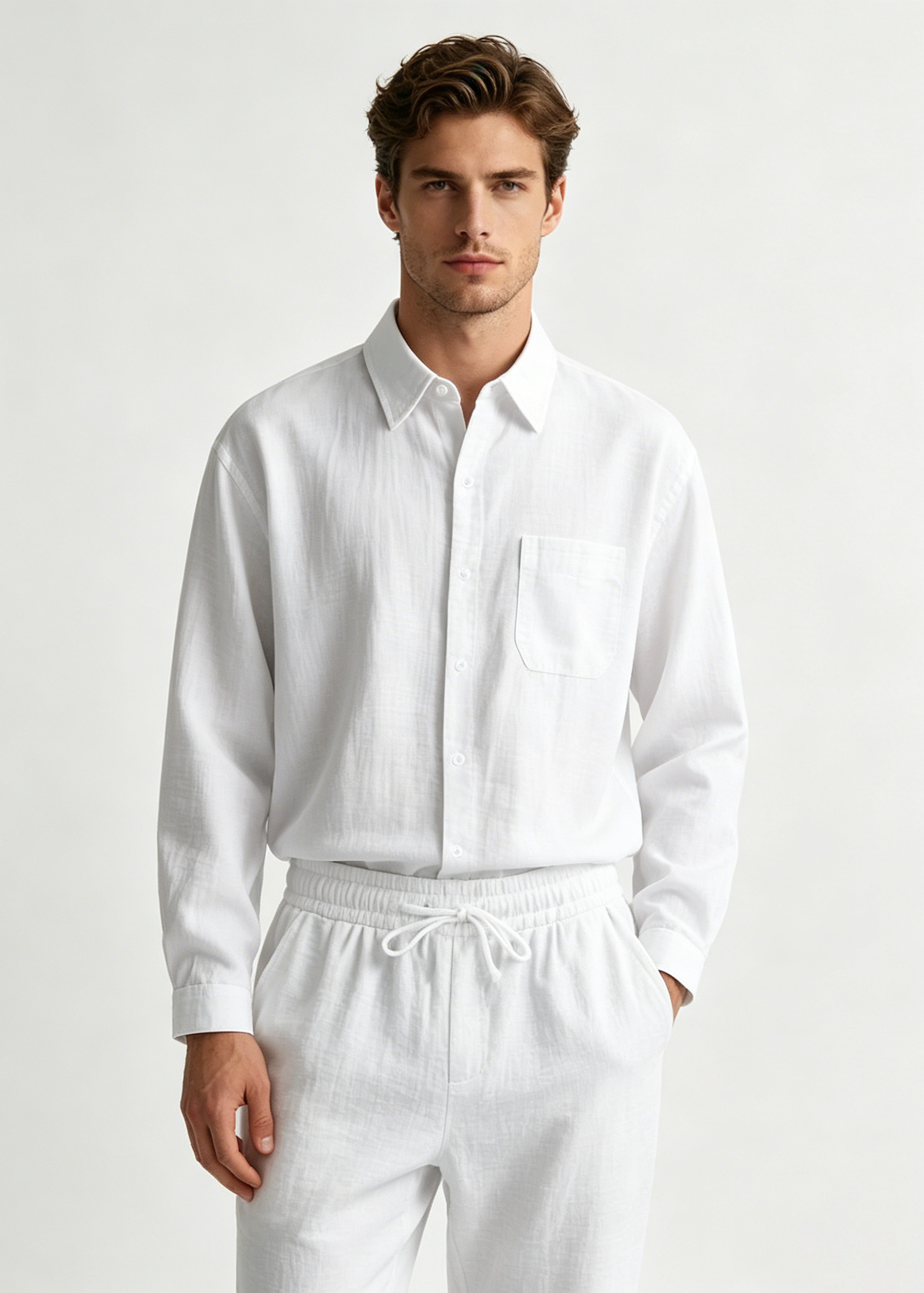 Men's 2-Piece Linen Outfits Casual Long Sleeve Button Down Shirt and Pants Set Beach Vacation Suits