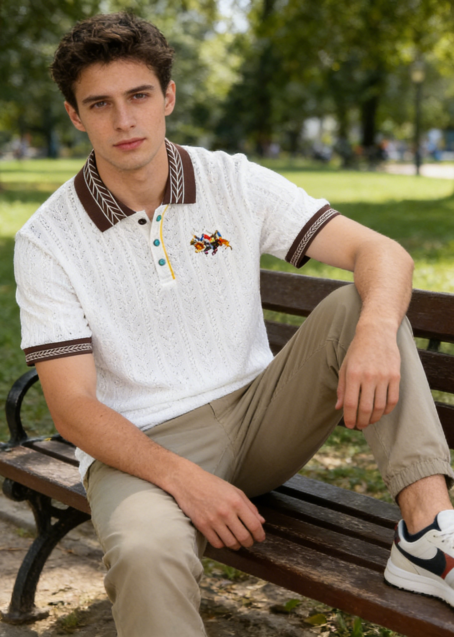 Men's Retro Textured Knit Polo Shirt - Vintage Embroidery Color-Block Short Sleeve Knitwear