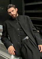 Premium Men's Mandarin Collar Blazer | Slim Fit Structured Jacket with Padded Shoulders