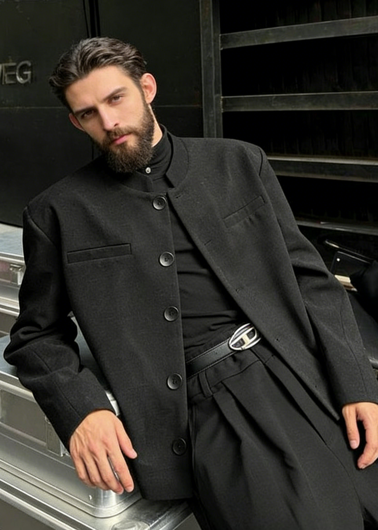 Premium Men's Mandarin Collar Blazer | Slim Fit Structured Jacket with Padded Shoulders