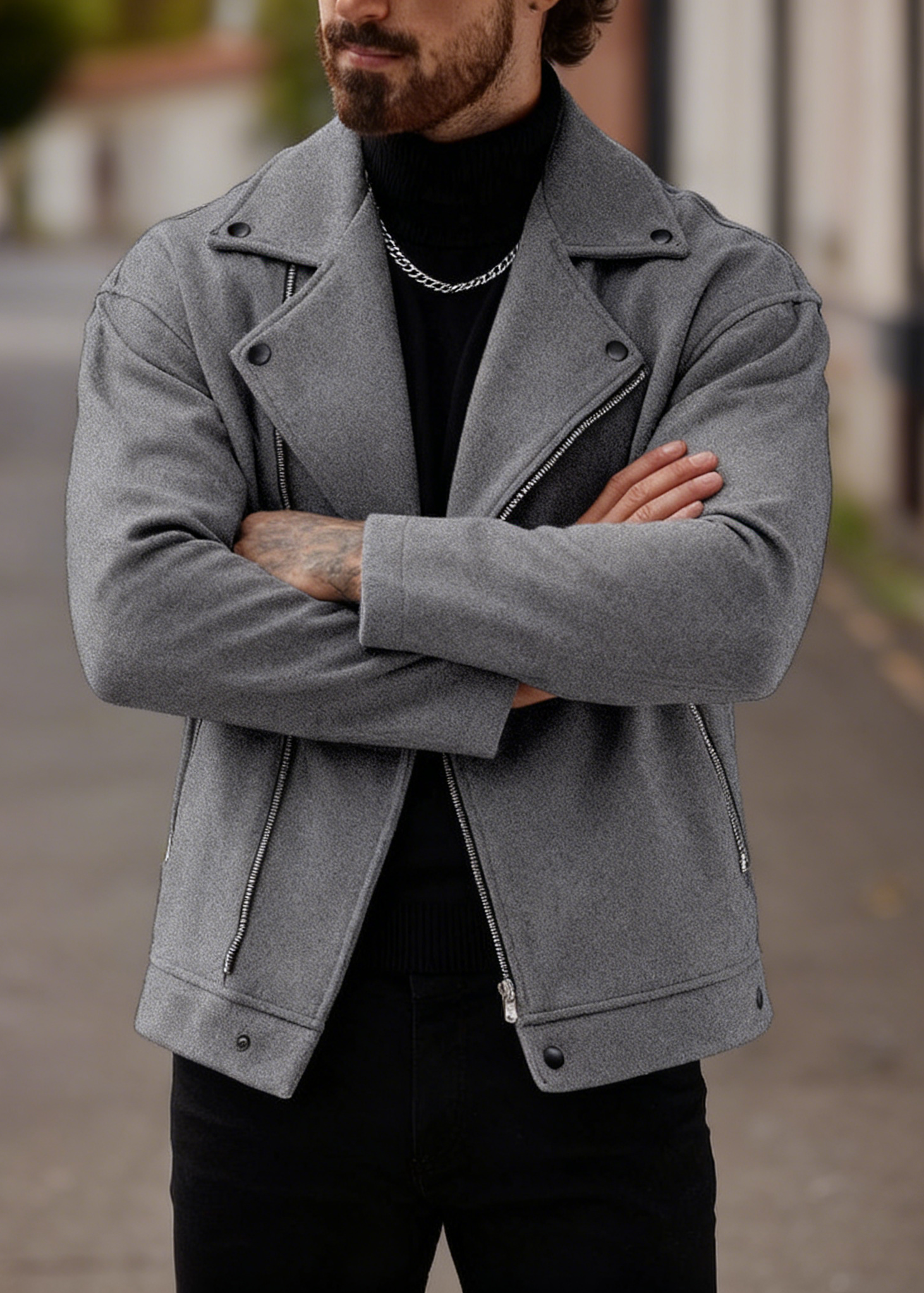 Men’s Asymmetric Zip Moto Jacket – Wide Lapel Coat, Casual Street Outerwear with Side