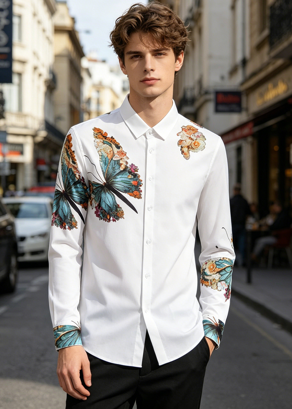 Luxury 3D Butterfly Rhinestone Shirt-Premium Long Sleeve Designer Shirt