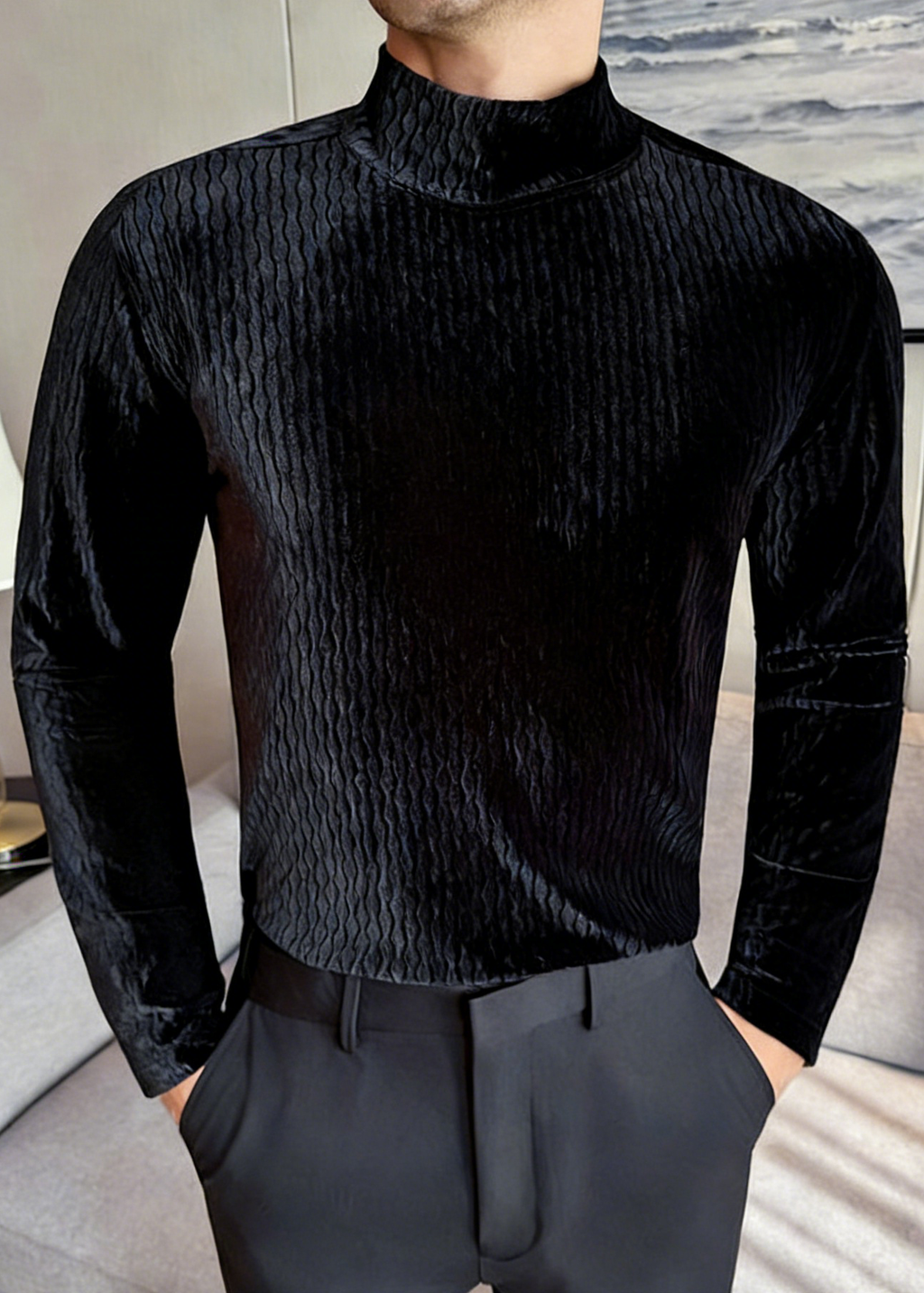 Men’s Diamond Jacquard Velvet Mock Neck Long Sleeve Base Layer – Slim Fit Thermal Top