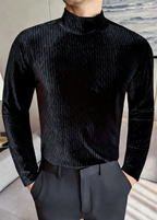 Men’s Diamond Jacquard Velvet Mock Neck Long Sleeve Base Layer – Slim Fit Thermal Top