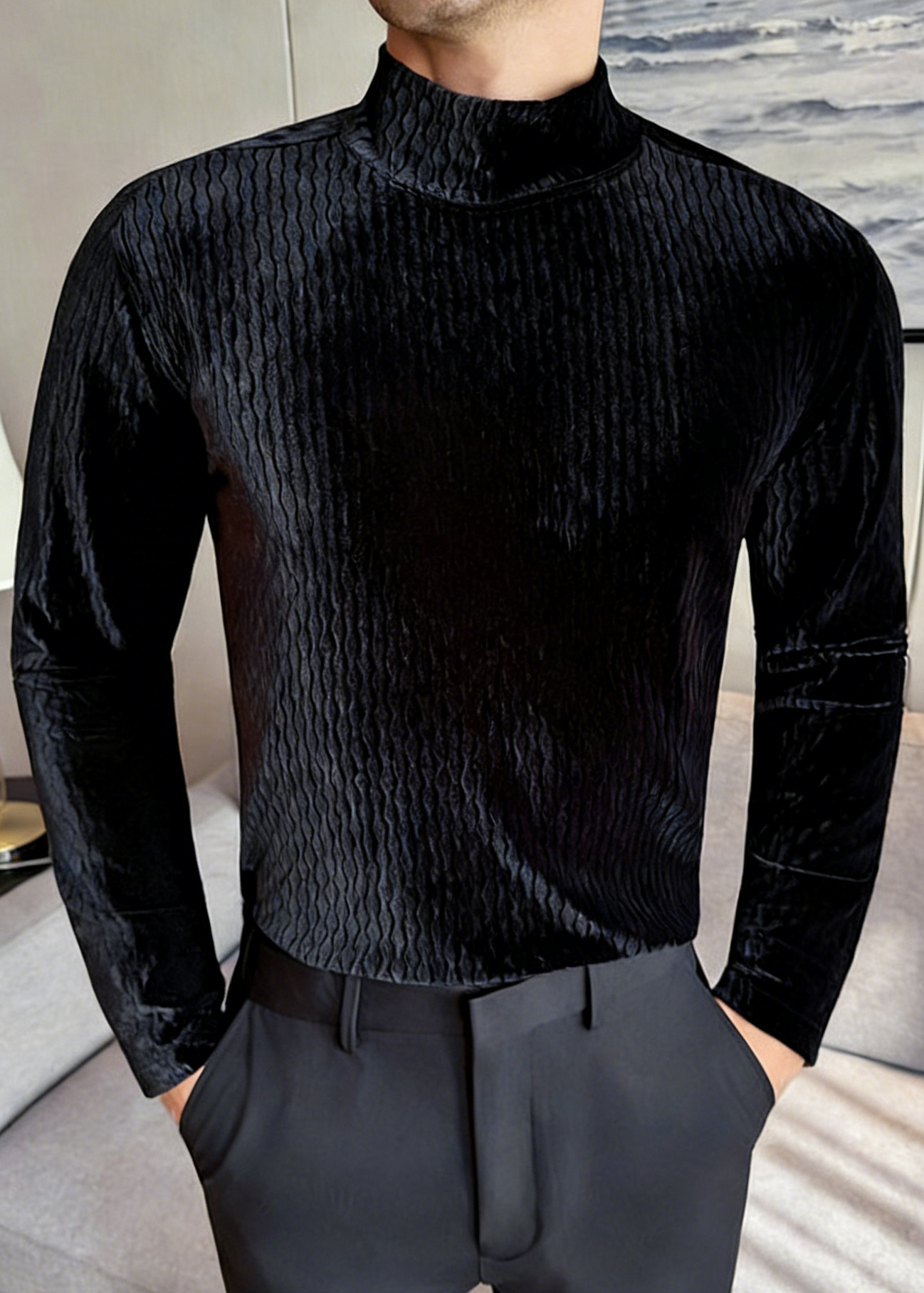 Men’s Diamond Jacquard Velvet Mock Neck Long Sleeve Base Layer – Slim Fit Thermal Top