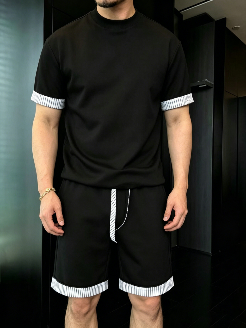 Men's Comfortable Striped Contrast Short-Sleeve Set