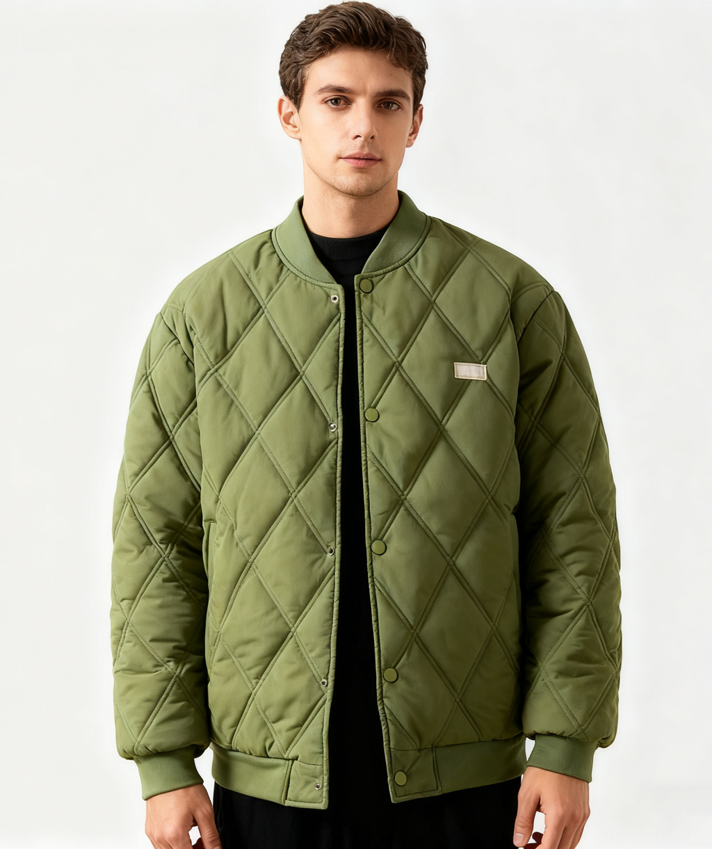 Diamond Quilted Stand-Collar Baseball Jacket