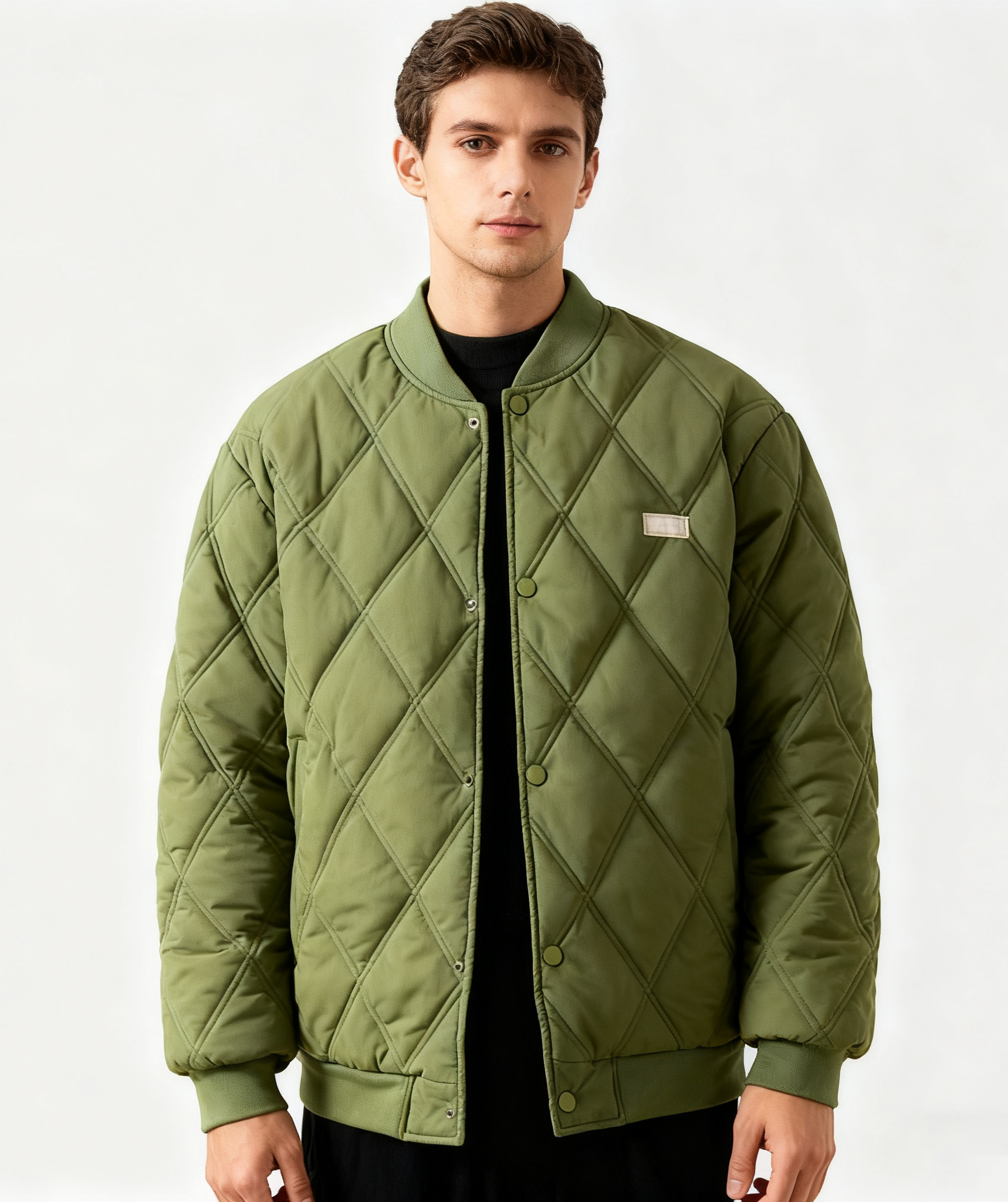 Diamond Quilted Stand-Collar Baseball Jacket