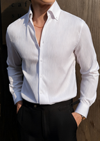 Men’s Premium Striped V-Neck Stand Collar Shirt — Elegant Modern Fit for Business & Leisure