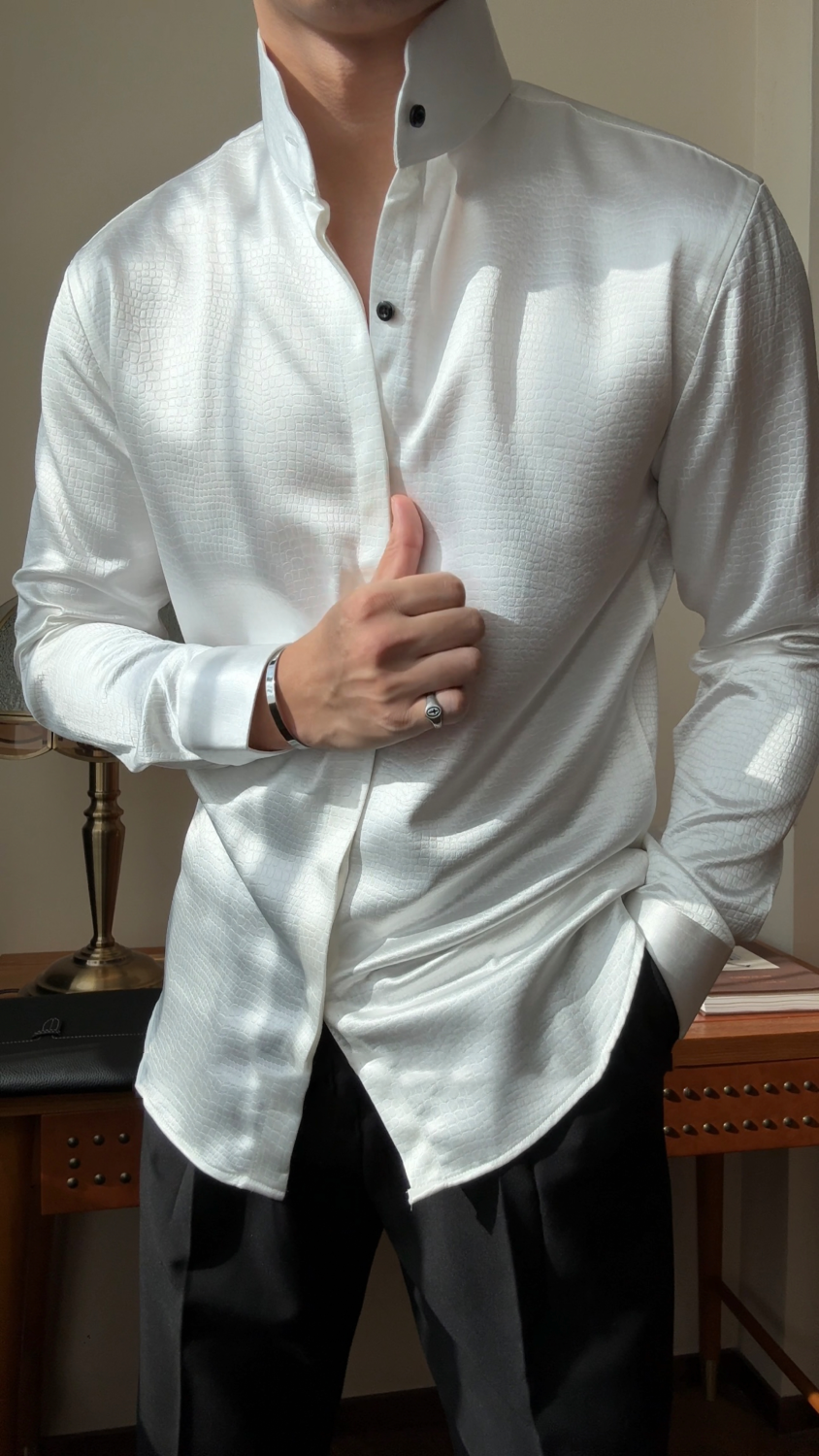 Premium Faux-Leather Texture Stand Collar Shirt - Slim Fit Metallic Gloss Long Sleeve Party & Clubwear Top