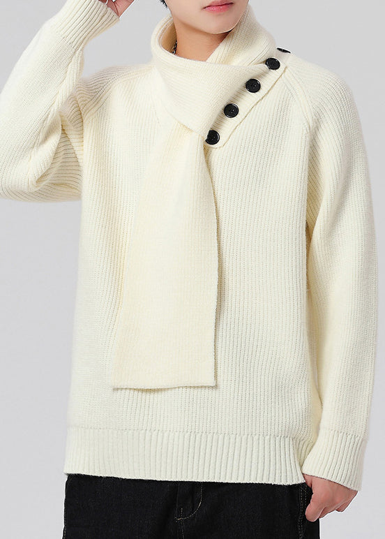 Men’s Buttoned Scarf-Collar Knit Sweater
