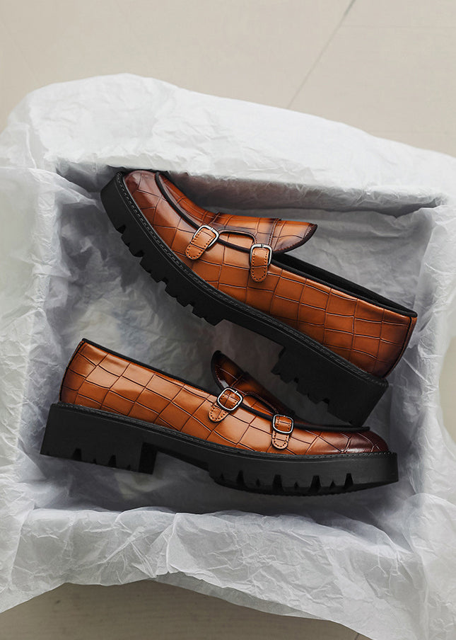 Men’s Double Buckle Chunky Sole Loafers – Retro Slip-On Dress Shoes