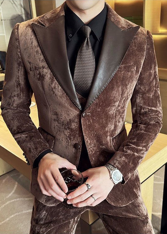 Vintage Luxury Chenille Suit Set with Contrast Leather Peak Lapel Slim Fit Groom Tuxedo & Party Wear
