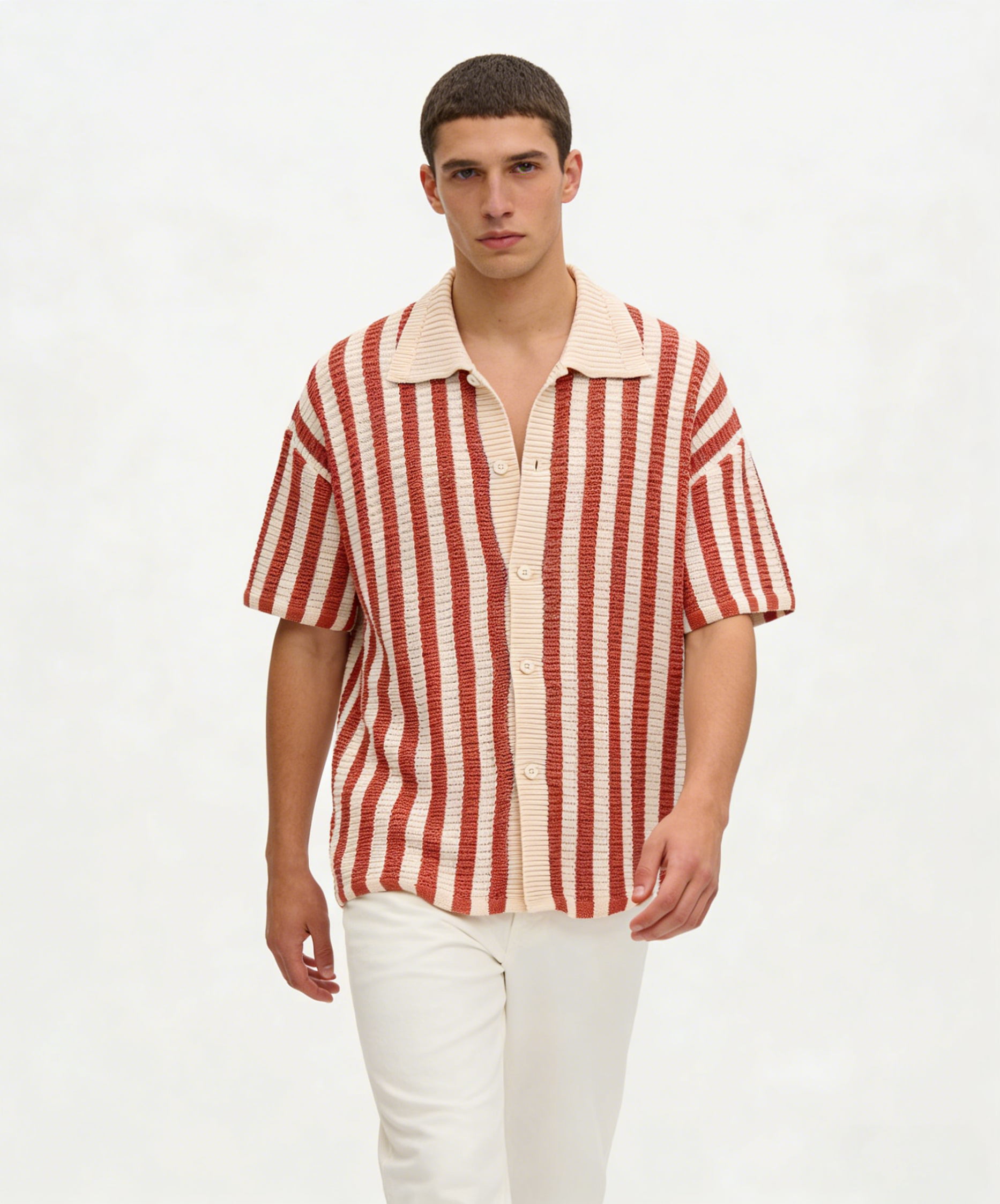 Men's Retro Knitted Striped Camp Collar Shirt