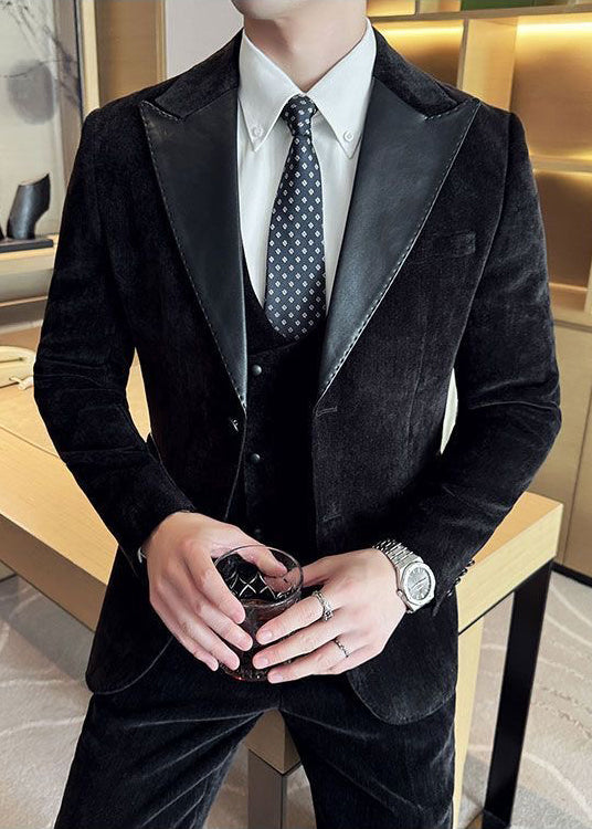 Vintage Luxury Chenille Suit Set with Contrast Leather Peak Lapel Slim Fit Groom Tuxedo & Party Wear