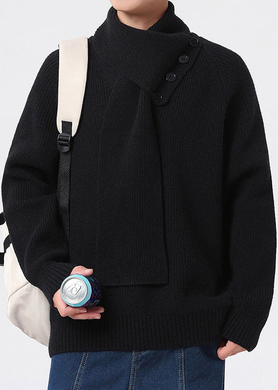 Men’s Buttoned Scarf-Collar Knit Sweater