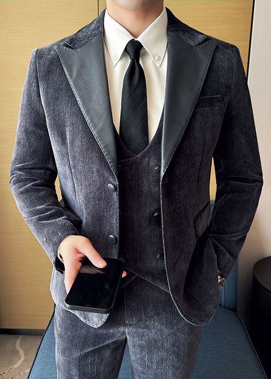 Vintage Luxury Chenille Suit Set with Contrast Leather Peak Lapel Slim Fit Groom Tuxedo & Party Wear