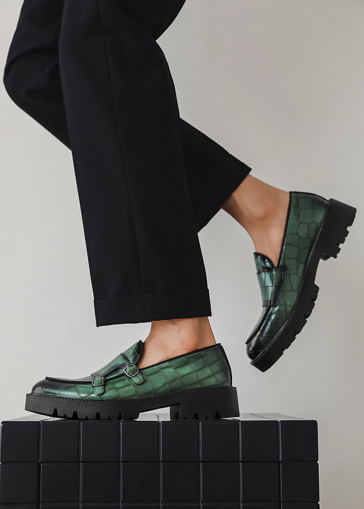 Men’s Double Buckle Chunky Sole Loafers – Retro Slip-On Dress Shoes