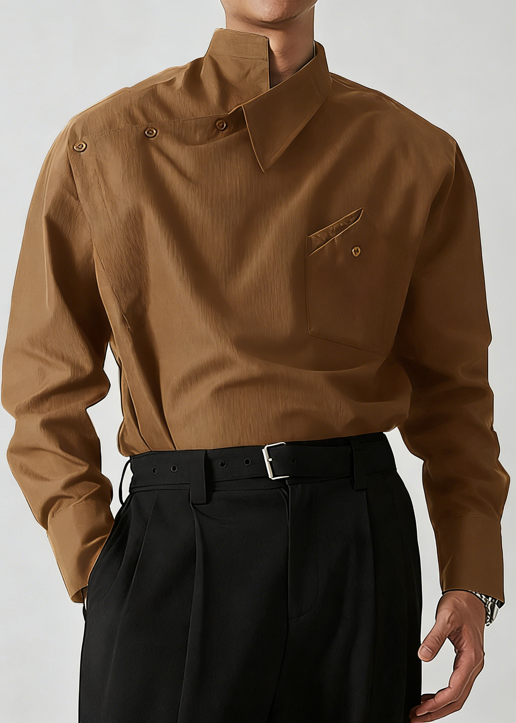 Avant-Garde Asymmetric Collar Button-Up Shirt - French Style Deconstructed Runway Shirt