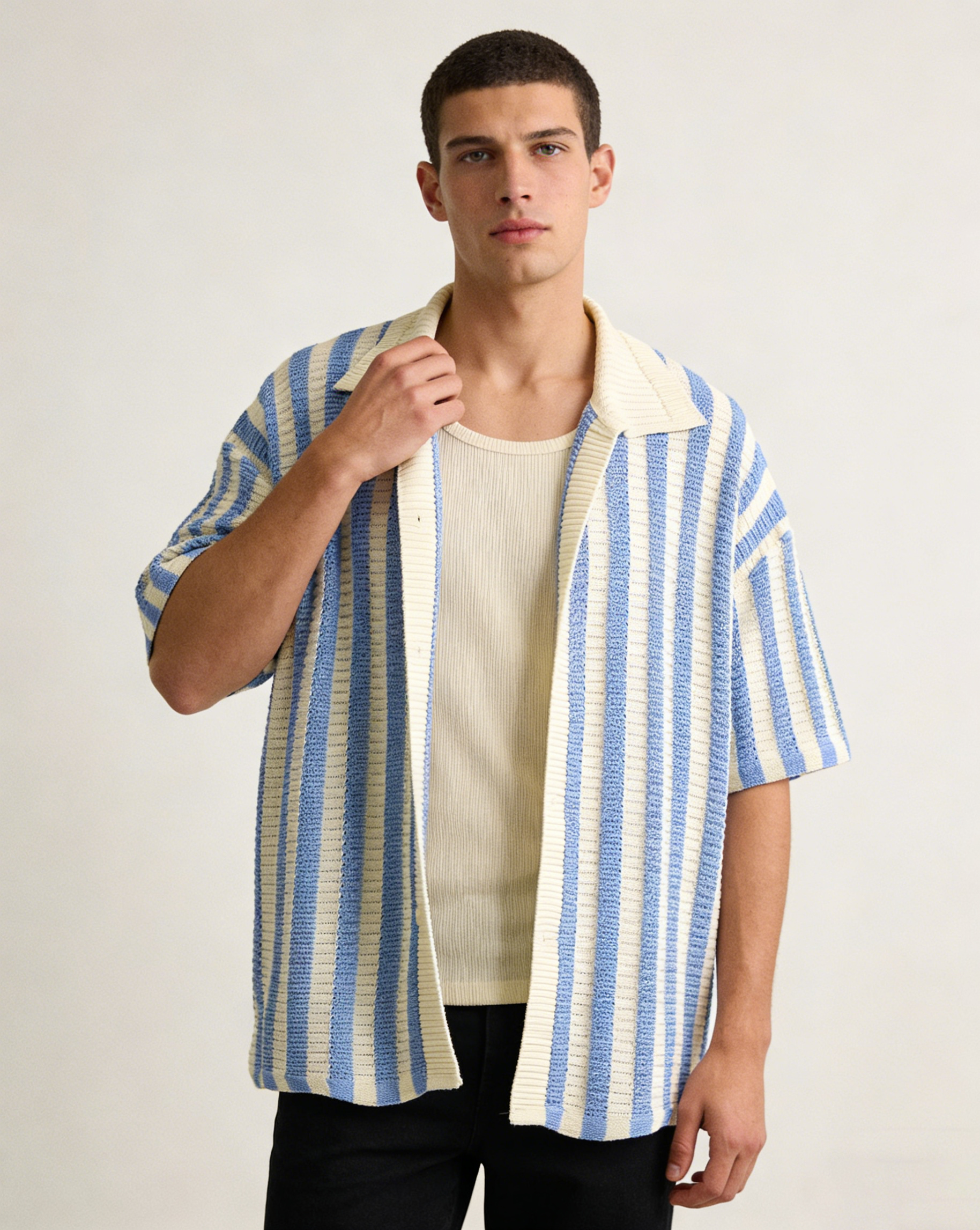 Men's Retro Knitted Striped Camp Collar Shirt