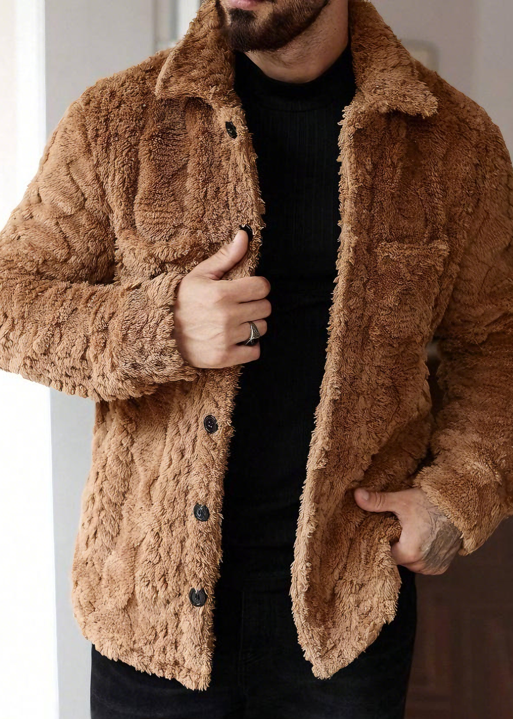Vintage Jacquard Fleece Jacket for Men – Warm Winter Lapel Outerwear