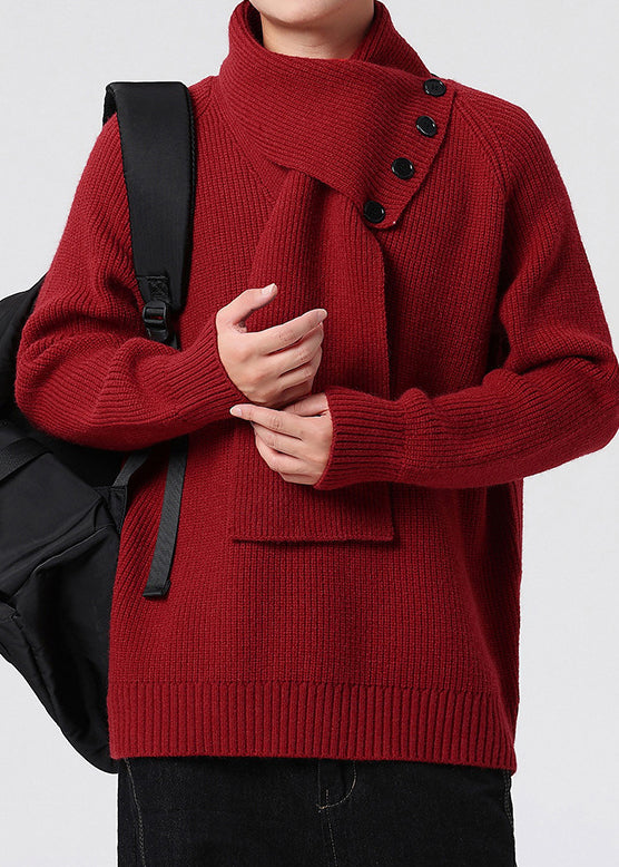 Men’s Buttoned Scarf-Collar Knit Sweater