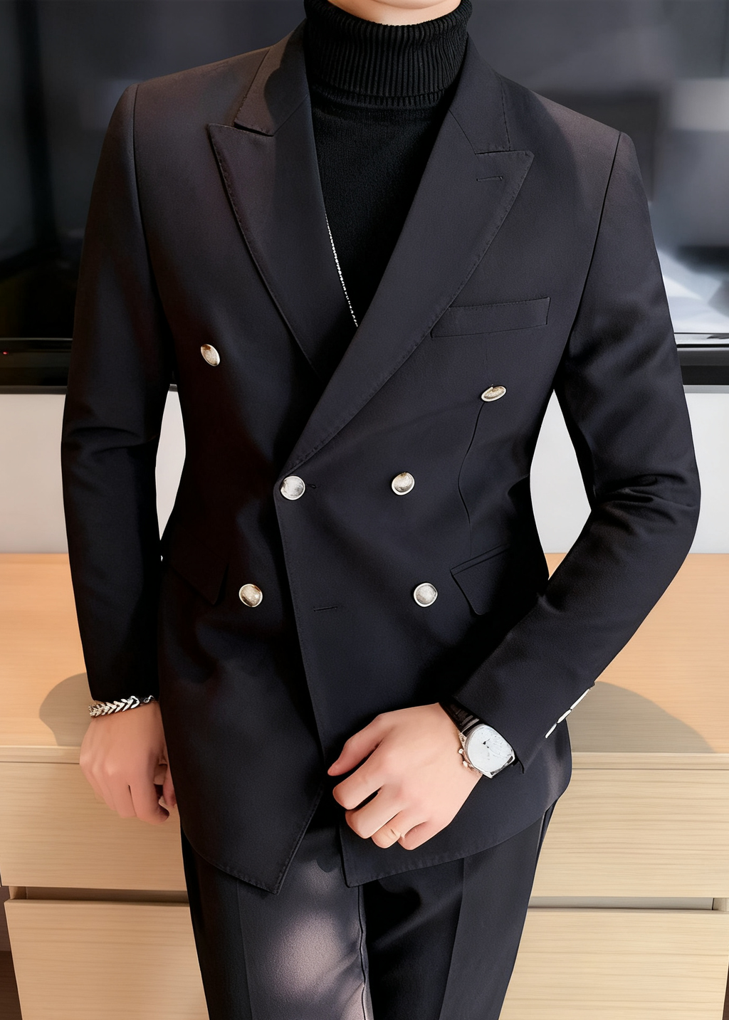 Men’s Double-Breasted Casual Blazer – Premium British Style Business Slim Fit Suit Jacket for Spring & Autumn