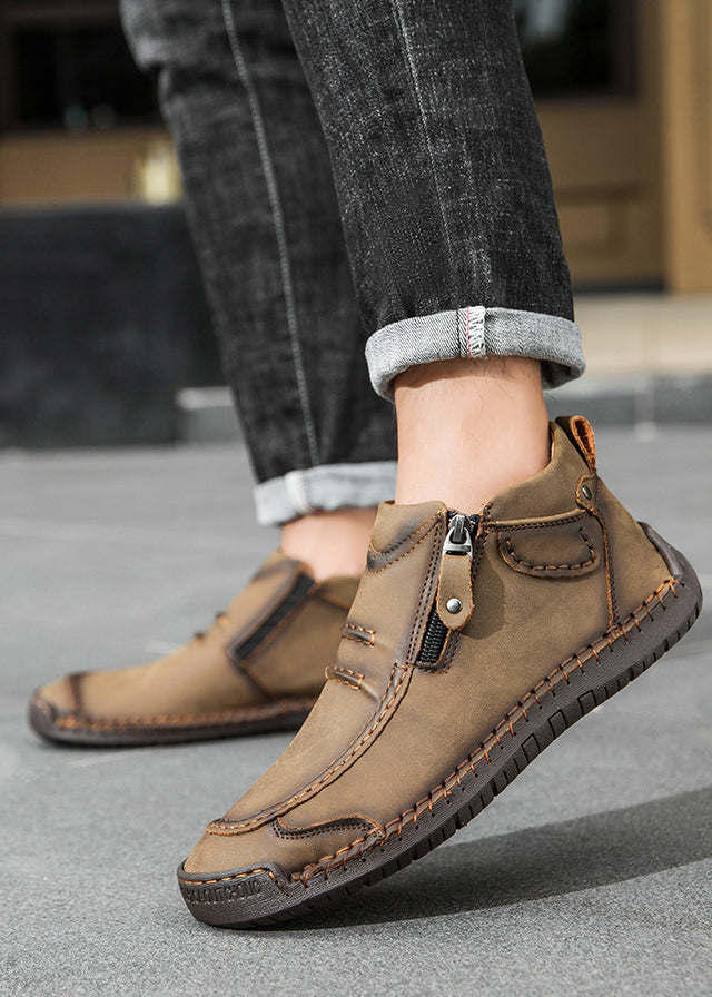 Men‘s Slip-On Leather Martin Boots – Round Toe, Casual, Breathable & Durable