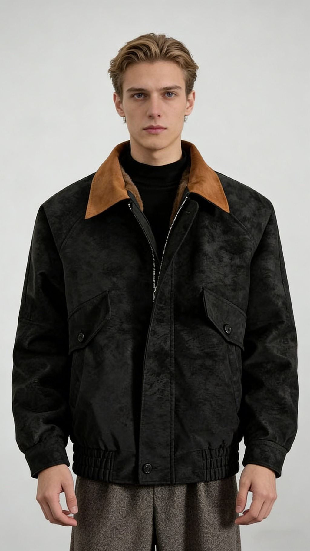 Contrast-Color Suede Lapel Padded Jacket