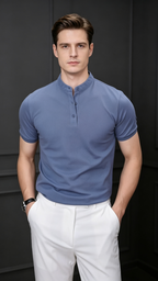 Men's Stand Collar Solid Color Casual Short Sleeve Shirt
