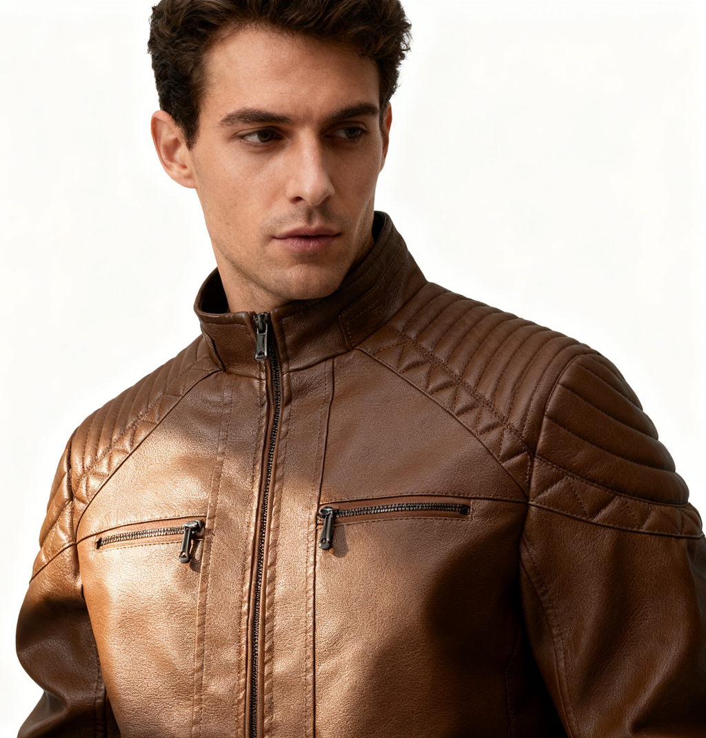 Fleece-Lined Stand Collar Leather Jacket