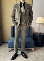 Vintage Luxury Chenille Suit Set with Contrast Leather Peak Lapel Slim Fit Groom Tuxedo & Party Wear