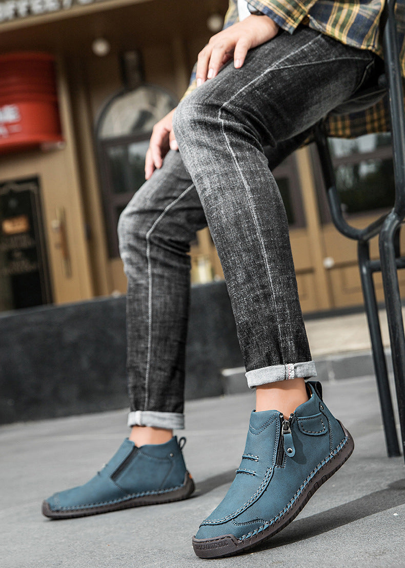 Men‘s Slip-On Leather Martin Boots – Round Toe, Casual, Breathable & Durable