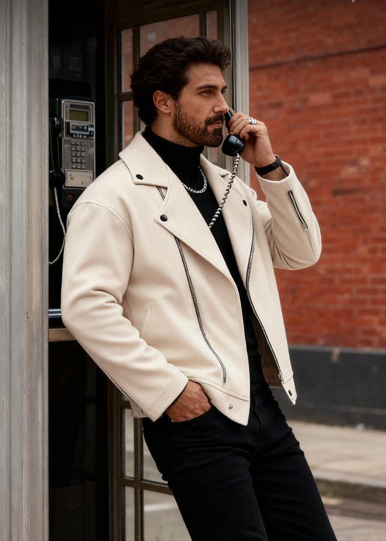 Men’s Asymmetric Zip Moto Jacket – Wide Lapel Coat, Casual Street Outerwear with Side