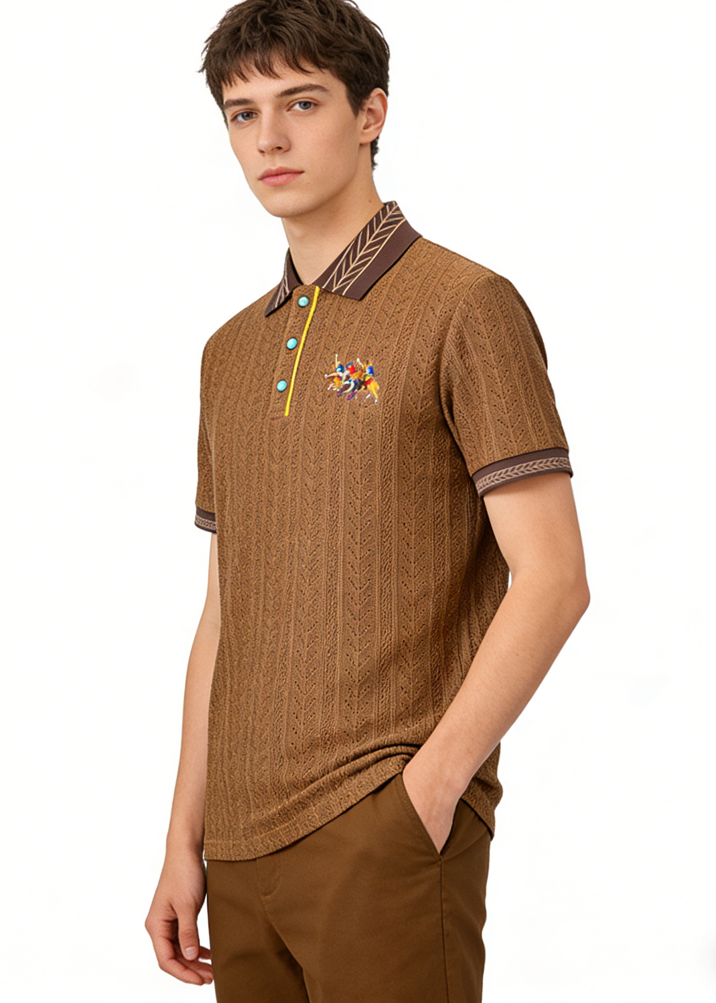 Men's Retro Textured Knit Polo Shirt - Vintage Embroidery Color-Block Short Sleeve Knitwear