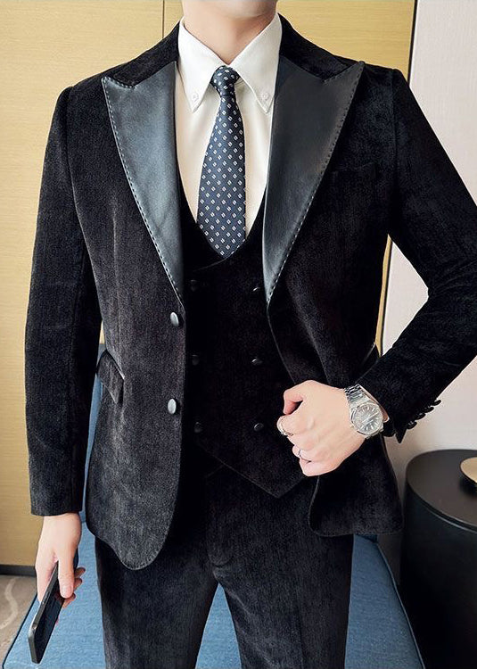 Vintage Luxury Chenille Suit Set with Contrast Leather Peak Lapel Slim Fit Groom Tuxedo & Party Wear