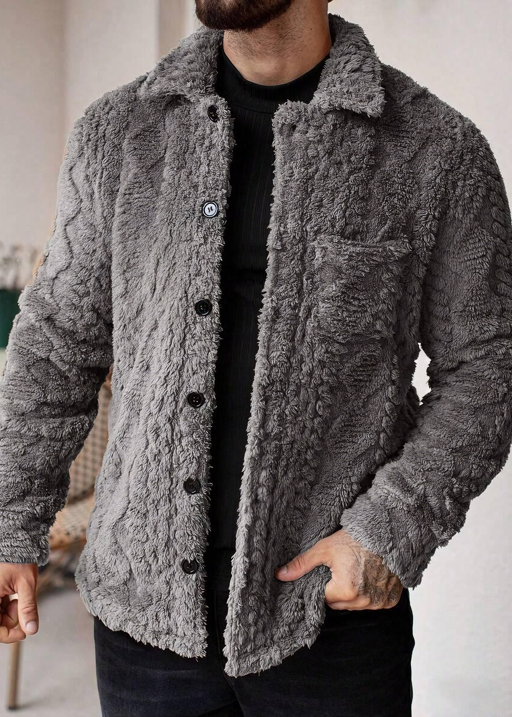 Vintage Jacquard Fleece Jacket for Men – Warm Winter Lapel Outerwear