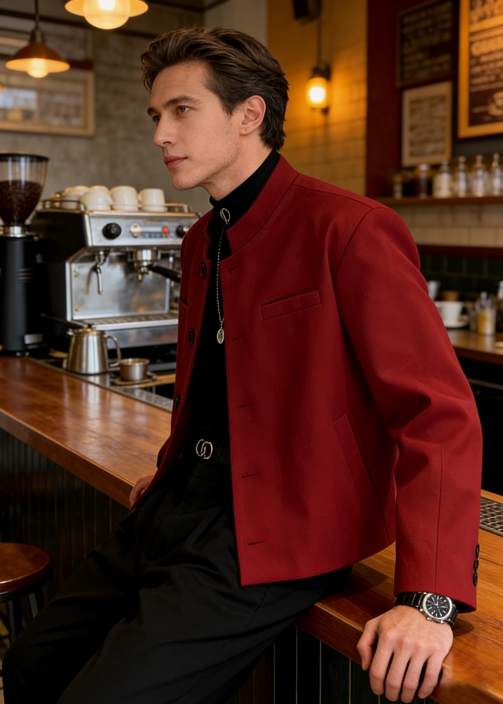 Premium Men's Mandarin Collar Blazer | Slim Fit Structured Jacket with Padded Shoulders