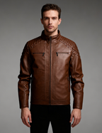 Fleece-Lined Stand Collar Leather Jacket