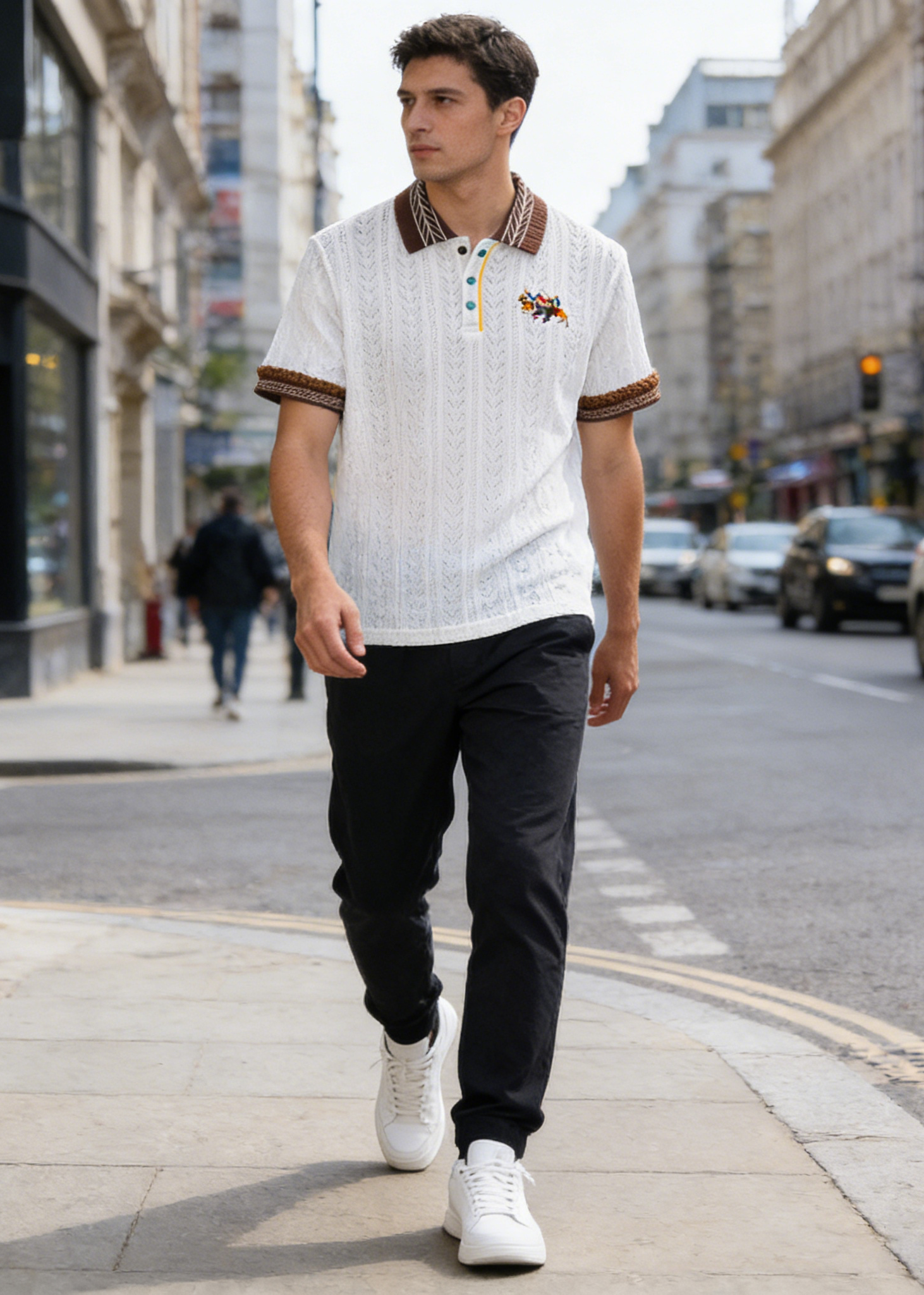 Men's Retro Textured Knit Polo Shirt - Vintage Embroidery Color-Block Short Sleeve Knitwear