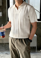Retro Knitted Polo Shirt for Men - Breathable V-Neck Hollow Out Mesh Short Sleeve Ice Silk Knitwear