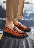 Men’s Double Buckle Chunky Sole Loafers – Retro Slip-On Dress Shoes
