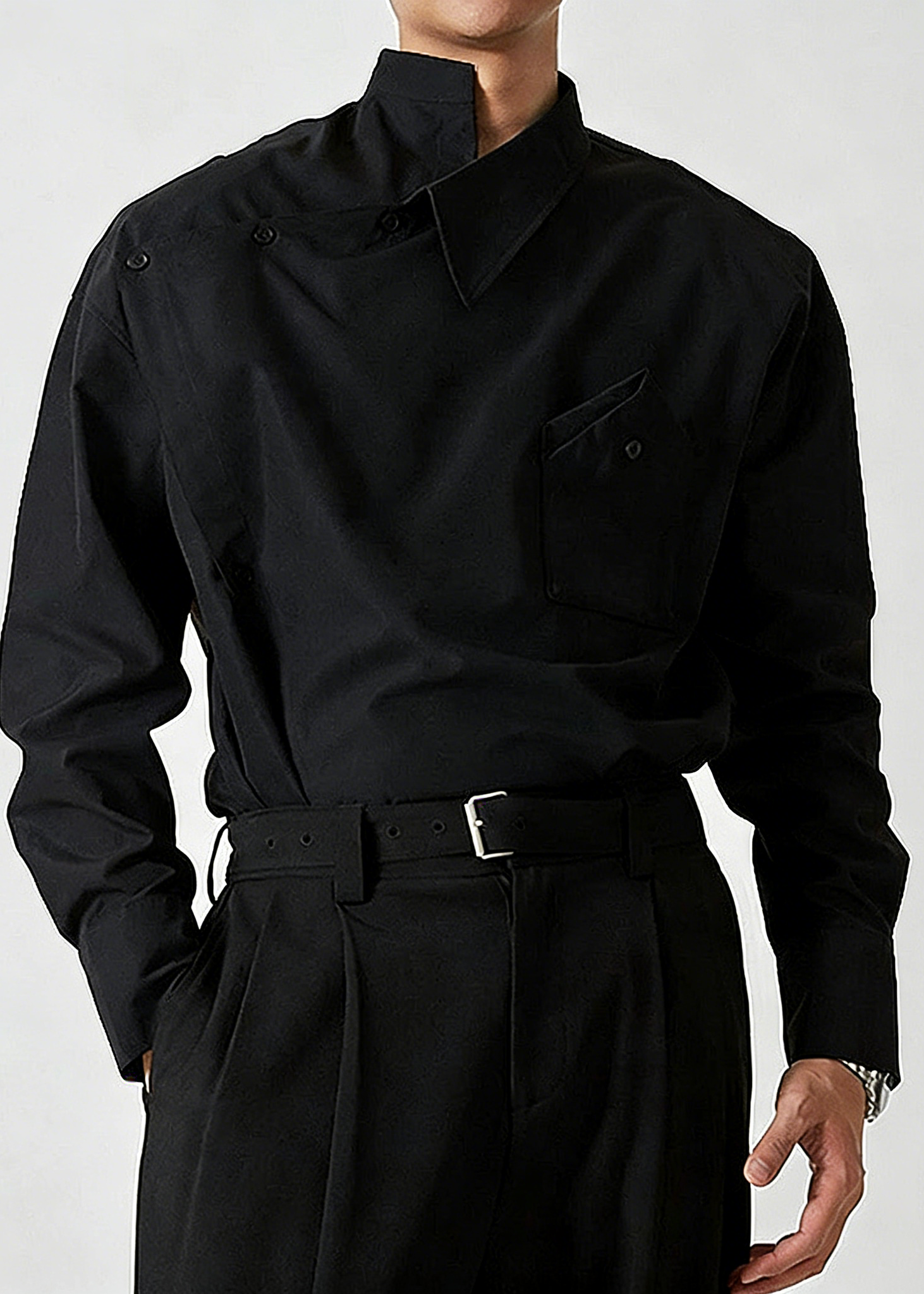 Avant-Garde Asymmetric Collar Button-Up Shirt - French Style Deconstructed Runway Shirt