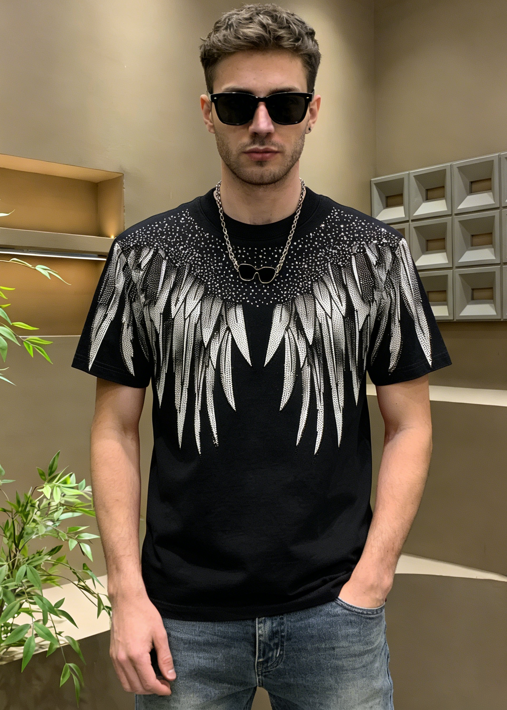 Men's Luxury Wing Print Rhinestone T-Shirt - Summer Streetwear Graphic Tee